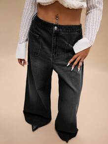 Forever 21 Plus Size Women Distressed Wide Leg Denim Jeans - Black - View 5