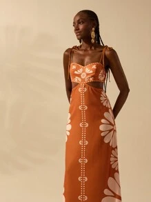 CAJUNI 女士波西米亚风热带橙色印花无袖系带露背中腰长裙，休闲度假海滩夏装 - 彩色 - 查看 9