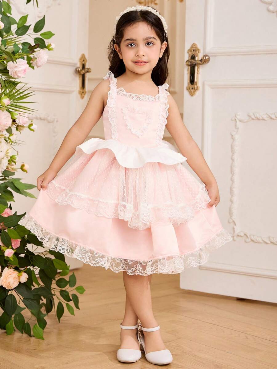 Glamorique Kids Girls' Princess Dress Blush Pink Summer Flower Girl Formal Mother's Day Gift Mommy And Me Outfits Sleeveless Valentine's Day Dot Lace Satin Texture - Pink - View 1