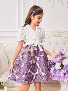 SHEIN Tween Girl 翻领泡泡袖拼布花卉图案优雅 A 字裙，紫色 - 彩色 - 查看 4