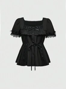 ROMWE Kawaii Women's Retro Y2K Academia Style Square Collar Ruffle Ribbon Tie Waist Babydoll Shirt - Black - View 1