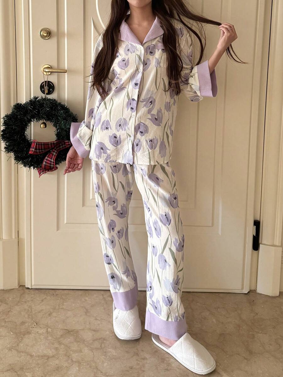 SHEIN 少女郁金香花朵印花领口袋衬衫和裤子宽松休闲睡衣套装，2 件套 - 淡紫色 - 查看 1