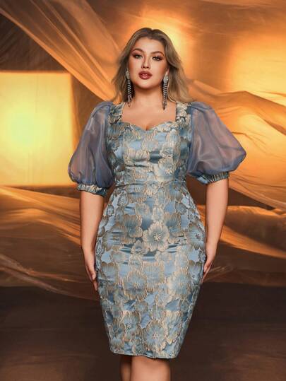 Glamrae Plus Size Gray-Blue Satin-Weave Jacquard & Organza Puff Sleeve Elegant Party Dress, Wedding Guest Cocktail Dress