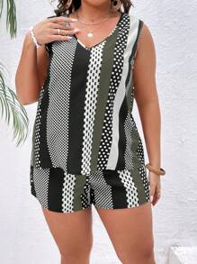 SHEIN VCAY Plus Striped & Polka Dot Print Summer Tank Top & Shorts