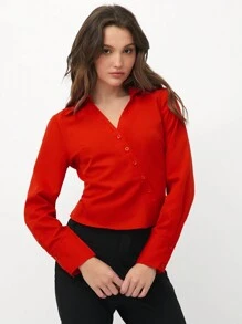Flirla Blusa de manga larga ajustada con cuello en V y calado, atuendo de oficina de moda para mujer