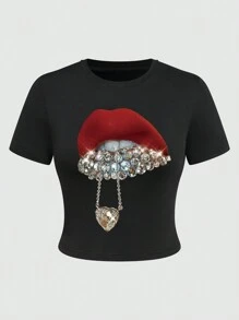 SHEIN Slayr 女士时尚水钻心形唇印修身短款上衣图案T恤女式上衣 - 黑色 - 查看 4