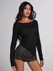 SHEIN BAE Áo thun dài tay đơn giản dệt kim màu đen họa tiết xếp ly viền bất đối xứng dành cho nữ, thích hợp cho các buổi đi chơi thời trang, đi chơi, áo dài tay, lễ hội âm nhạc, tiệc hóa trang, áo thun Grunge, hòa nhạc, quần áo lễ hội - màu đen - Xem 5