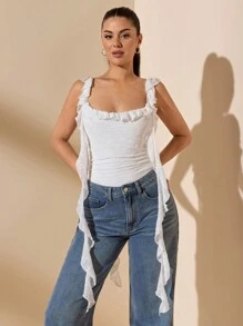 SHEIN BAE Body de mujer con cuello de corazón, arrugado, con volantes y de un solo color blanco texturizado con encaje, adecuado para el Día de San Valentín y uso diario