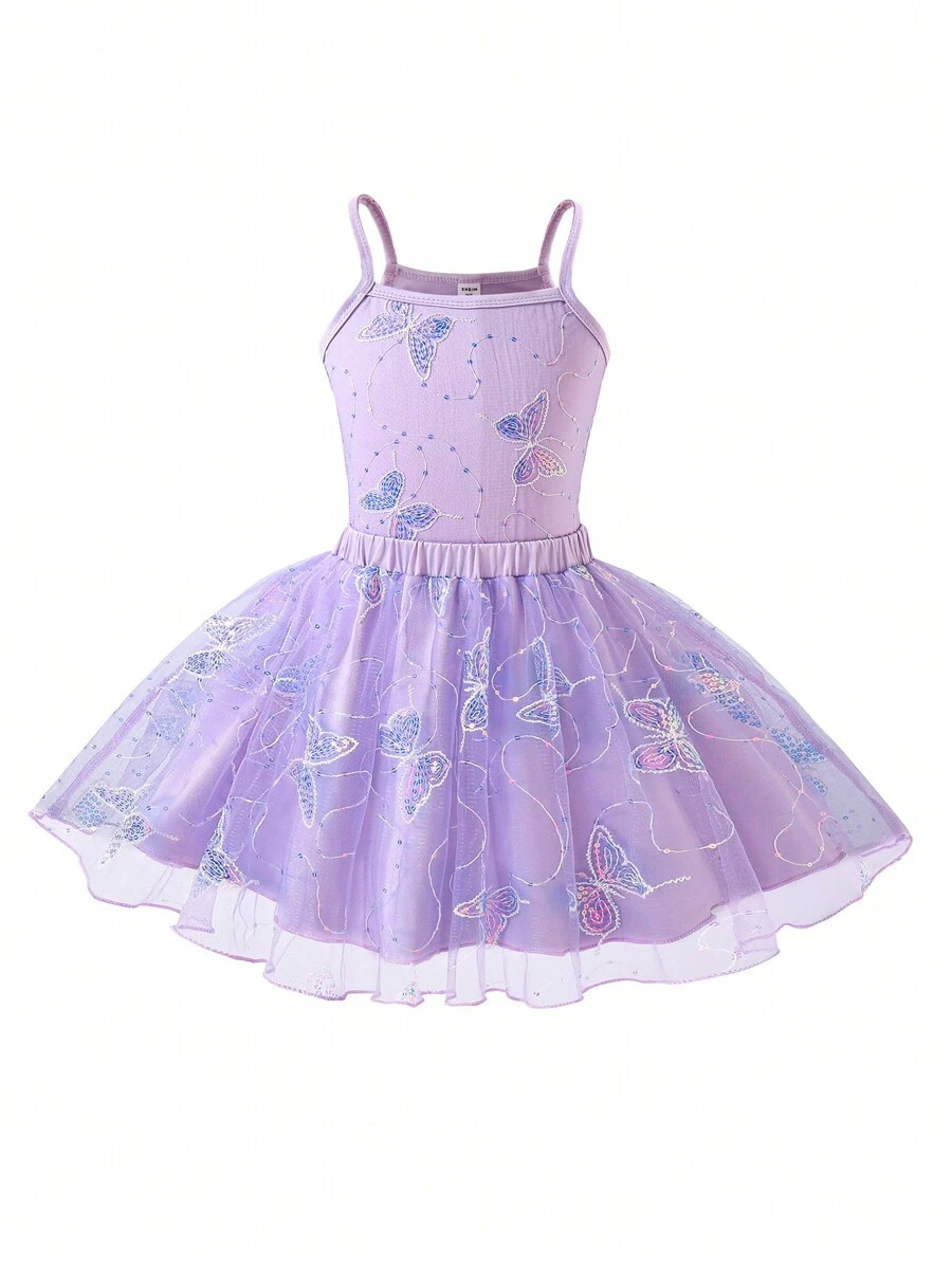 SHEIN 2pcs/Set Young Girl Glittery Delicate Elegant Ball Gown Spaghetti Strap Top & Mesh Skirt Set, Spring/Summer, Suitable For Balls, Parties, Outdoor Activities, Performances, Weddings