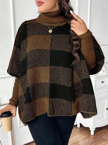 SHEIN Unity Plus Size Women Plaid High Neck Batwing Sleeve Loose Pullover Sweater, Autumn/Winter For New Year Knit Pullover Fall Sweater