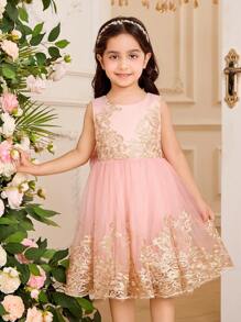 Glamorique Kids 年轻女孩粉色刺绣薄纱连衣裙，优雅舞会礼服，金色刺绣，缎纹面料，露背大蝴蝶结，适合舞台表演