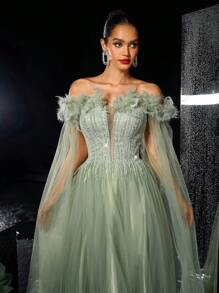 Glamrae Elegant Luxurious Off Shoulder Fluffy Dress With Embroidered Sequin Mesh Overlay, Suitable For Wedding, Party, Gala, Evening Occasion, Wedding Guest Dress, Formal Dress,Gown