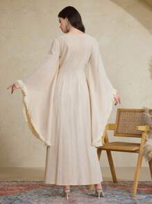 Al Najma Damen elegantes Farbblock gestreiftes Trompetenärmel Kleid im arabischen Stil, bescheidenes bodenlang Kleid - Aprikosenfarben - Übersicht 7