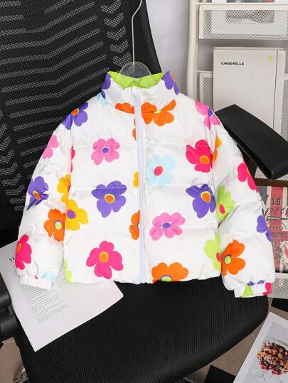 SHEIN Young Girl Ditsy Floral Stand Collar Pocketed Loose Casual Short Padded Coat
