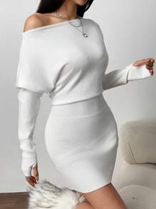 SHEIN EZwear Women's Solid Color Oblique Shoulder Long Sleeve Minimalist Bodycon Short Sweater Dress - White - View 5