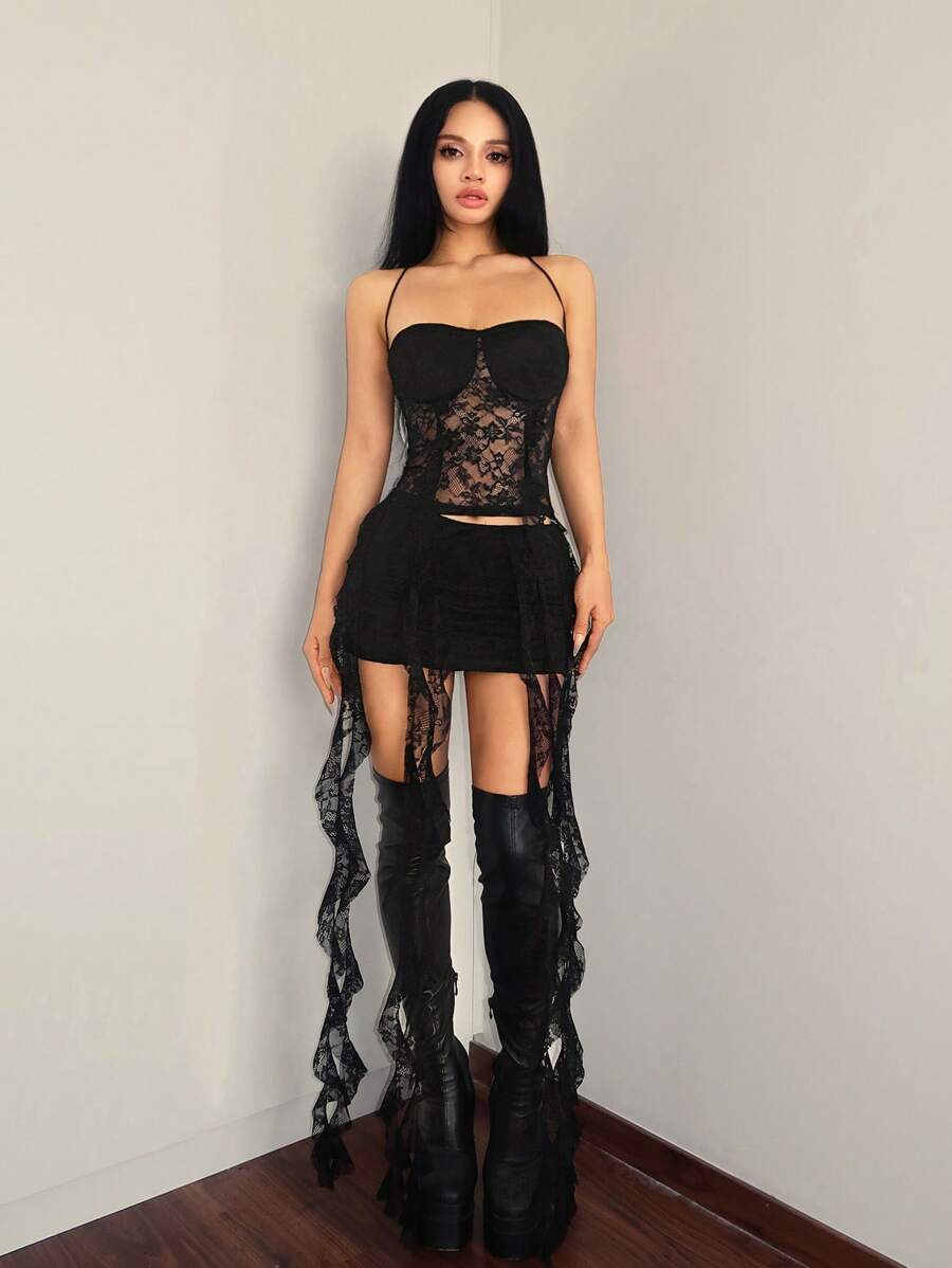 SHEIN ICON Conjunto de 2 piezas negro formado por top con espalda de encaje y volantes y minifalda ajustada tipo ajustado estilo Y2K - Negro - Ver 1
