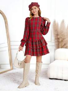 SHEIN Vestido de burbuja a cuadros rojos vintage para adolescentes, ideal para Navidad, Acción de Gracias, días festivos, retro, a cuadros, fiesta, rojo, invierno, otoño, Nochevieja - Rojo - Ver 3