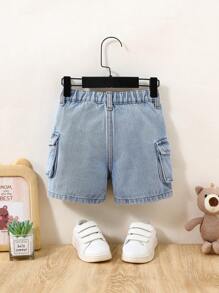 SHEIN 男婴夏季休闲时尚宽松蓝色牛仔工装短裤，婴儿春夏装春假装 - 中等水洗藍 - 查看 2