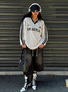 SHEIN EZwear Women's New Striped Letter & Number Print T-Shirt, Sporty Style