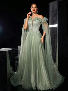 Glamrae Elegant Luxurious Off Shoulder Fluffy Dress With Embroidered Sequin Mesh Overlay, Suitable For Wedding, Party, Gala, Evening Occasion, Wedding Guest Dress, Formal Dress,Gown
