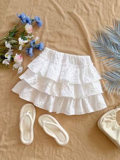SHEIN Chân váy mini dáng chữ A màu trắng dệt jacquard có họa tiết bèo nhún, thích hợp cho bé gái tuổi teen đi nghỉ mát, dự tiệc, hẹn hò, ngày lễ tình nhân, lễ Phục sinh, lễ hội hóa trang, du thuyền biển, du lịch thành phố, mùa cưới, tiệc trà chiều, tựu trường/lễ tốt nghiệp.