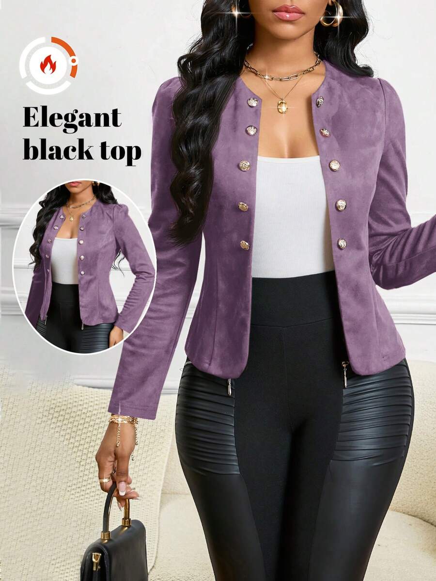SHEIN Lady Four Season/ Attire/ Suede Black Button Detail Open Front Jacket In Fall/Winter - Purple - View 1