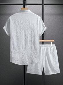 Manfinity Homme Men's Solid Color Textured Short Sleeve Shirt And Shorts Set, Casual Men Summer Clothes Men Shirt Co Ords - White - View 2