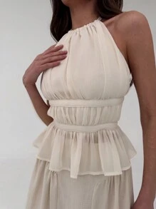 Aloruh Elegant Neck Tie Back Sexy Open Back Ruched Solid White Camisole