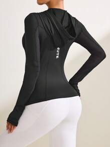 Easithlete 女士运动连帽衫，带透气网眼布、拇指孔、V 领、瑜伽、跑步、健身、户外休闲修身长袖运动衫 - 黑色 - 查看 4