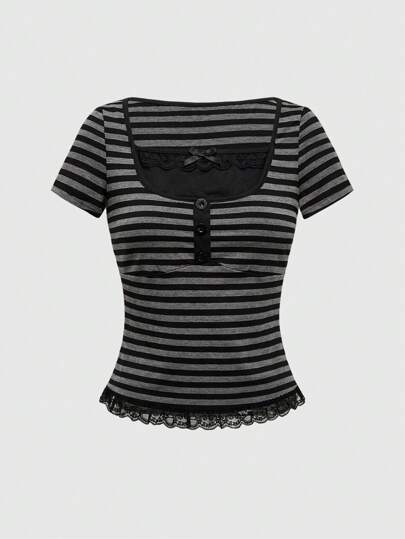ROMWE Fairycore Spring/Summer Valentine's Day Women's Y2K Vintage 2 In 1 Striped Contrast Lace Trim T-Shirt