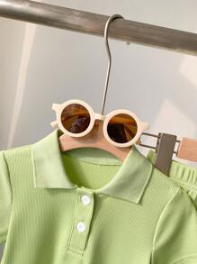 2 peças/conjunto Menina Bebê Criança Pequena 0-3 Anos Casual Versátil Verde Impressão de Frutas Malha Canelada Gola Polo Manga Curta Top e Calça Flare Conjunto, Confortável para Casa e Passeios, Primavera/Verão - Verde - Visão 4