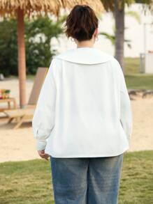 SHEIN EZwear Plus Size Casual White Loose Long Sleeve Shirt, Spring - White - View 2