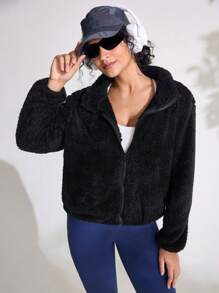 SHEIN Sports Giacca corta in pile di corallo, maglione reversibile in pile con cappuccio per coppie, invernale caldo e imbottito