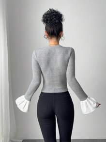 SHEIN Unity Women's Solid Color V-Neck Long Sleeve Casual Top, Minimalist Daily Wear Fall Cloth For Women - Light Grey - View 2