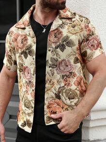 Manfinity Roughcore Plus Size Men's Front Button Short Sleeve Floral Print Detail Minimalist Jacket - Multicolor - View 5