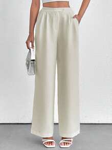 SHEIN PETITE Petite Women's Stylish Solid Color High Waist Straight Pant With Button And Zipper Details