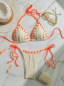 SHEIN Swim Summer Women's Contrast Color Halter Tie Back Bikini Top And Bottom Bikini Set - Apricot - View 5