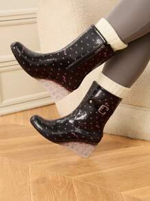 Cuccoo Women Minimalist All-Over Print Metal Decor Rain Boots, Casual For Daily Wear Black For Christmas And New Year Holiday Vibe Fall And Winter - Black - View 1