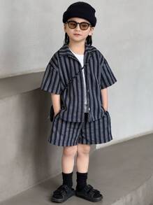Dazy Kids 2 件套男童条纹短袖衬衫和短裤休闲装夏季返校服
