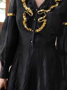 ZEYLAH WOMEN'S SEQUIN TRIM RUFFLE V NECK MAXI DRESS, FIT AND FLARE DRESS, LONG AND Lantern SLEEVES, SEMI-SHEER TEXTURED FABRIC - Black - View 3