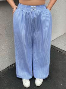 SHEIN EZwear Plus Size Blue Striped Woven Straight-Leg Pants - Blue and White - View 4