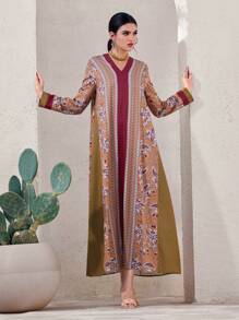 Al Najma Ramadhan Color Block Patchwork Long Arabian Dress Women's Turkish Maxi Dress & Arabian Traditional Abaya Kaftan Jalabiya Dress - Red - View 2