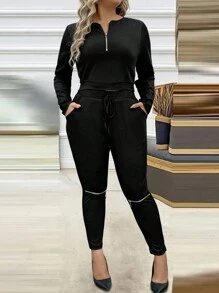 SHEIN Unity Plus Size Casual Zip-Up T-Shirt And Leggings 2 Pieces Set Fall Cloth For Women - Black - View 4