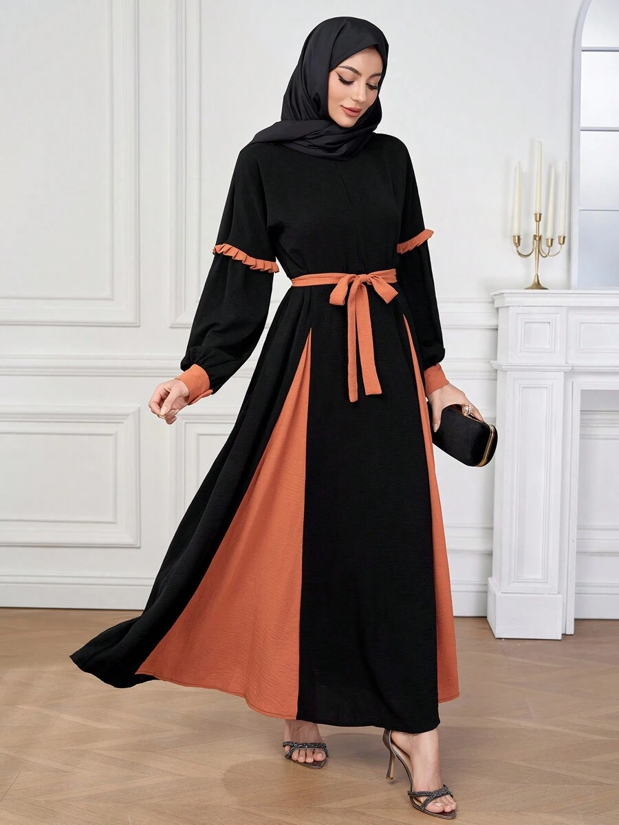 Mulvari Women's Color Block Long Arabic Style Dress