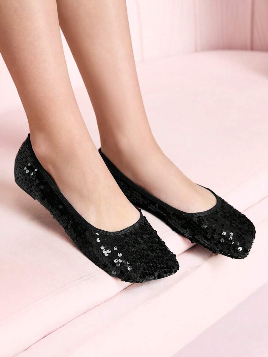 CUCCOO DOLLMOD Asymmetric Toe Flat Black Mesh Bead Embellished Fashionable Party Minimalist Flat Shoes For Women, Autumn/Winter Valentine's Day