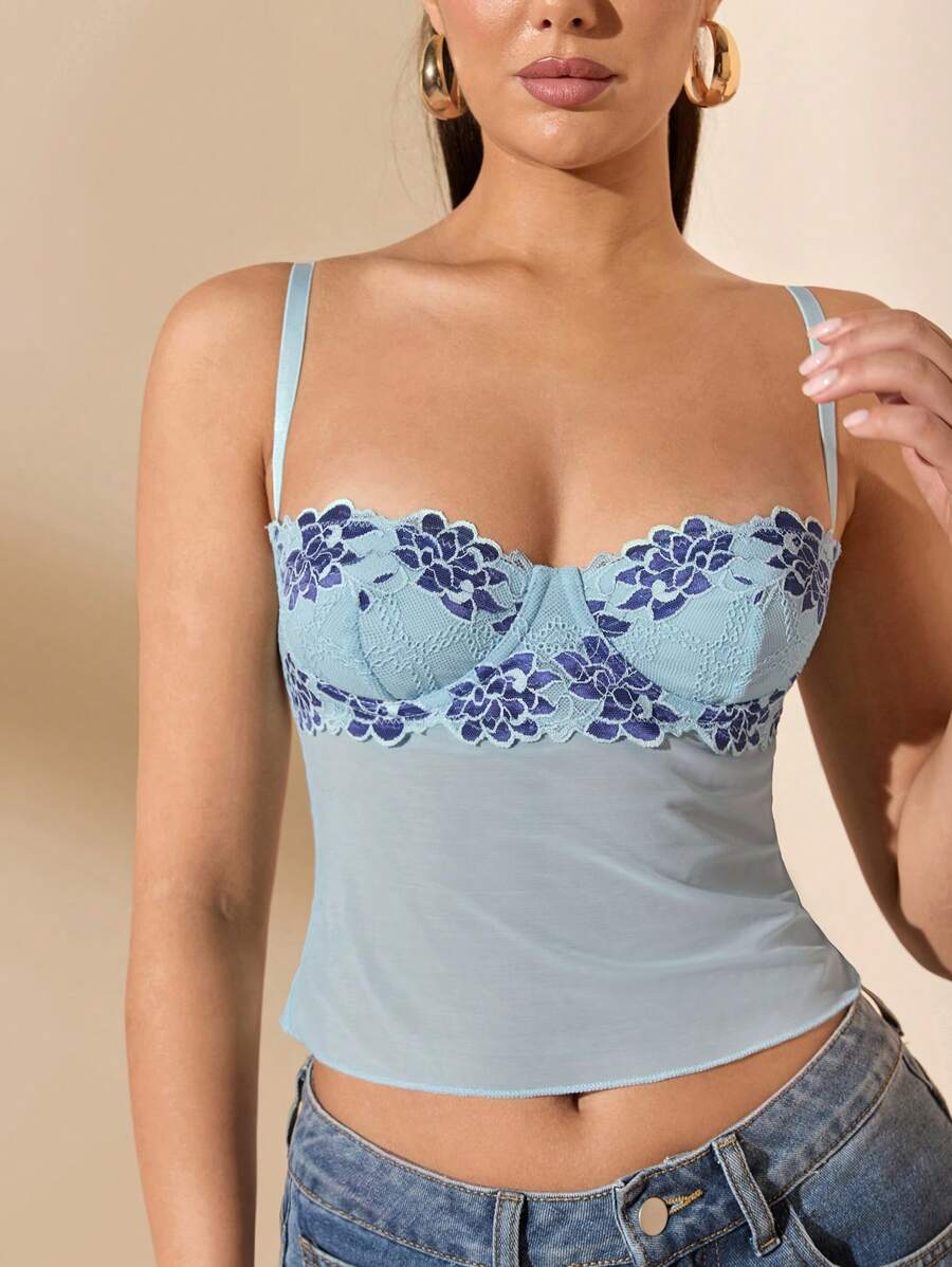 SHEIN BAE Áo ba lỗ không tay thêu hoa & đính vải cho nữ - Màu xanh lam - Xem 1