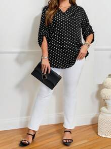 SHEIN CURVE+ 大码女式圆点印花缺口领卷袖休闲衬衫 - 黑與白 - 查看 6