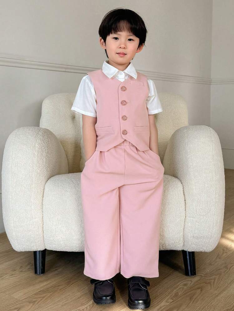 Young Boy Solid Color Front Button Sleeveless Vest, Top And Long Pants Casual Gentleman Outfit