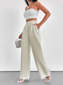 SHEIN PETITE Petite Women's Stylish Solid Color High Waist Straight Pant With Button And Zipper Details