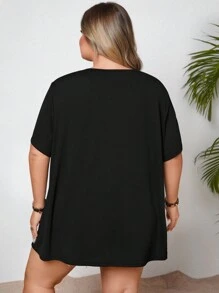 SHEIN CURVE+ Plus Casual Solid Criss Cross Front Tee - Black - View 2